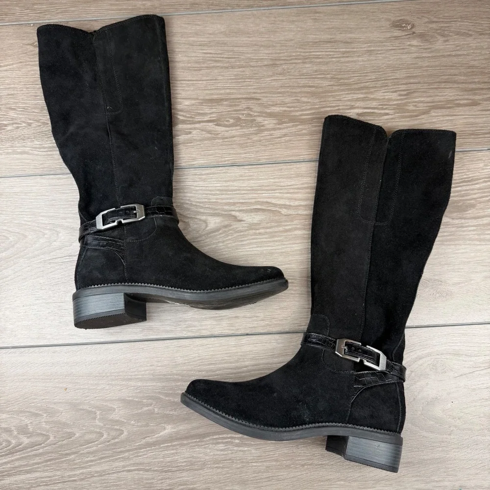 Clarks Womens Maye Aster Suede Tall Buckle Boots Black 7.5 M